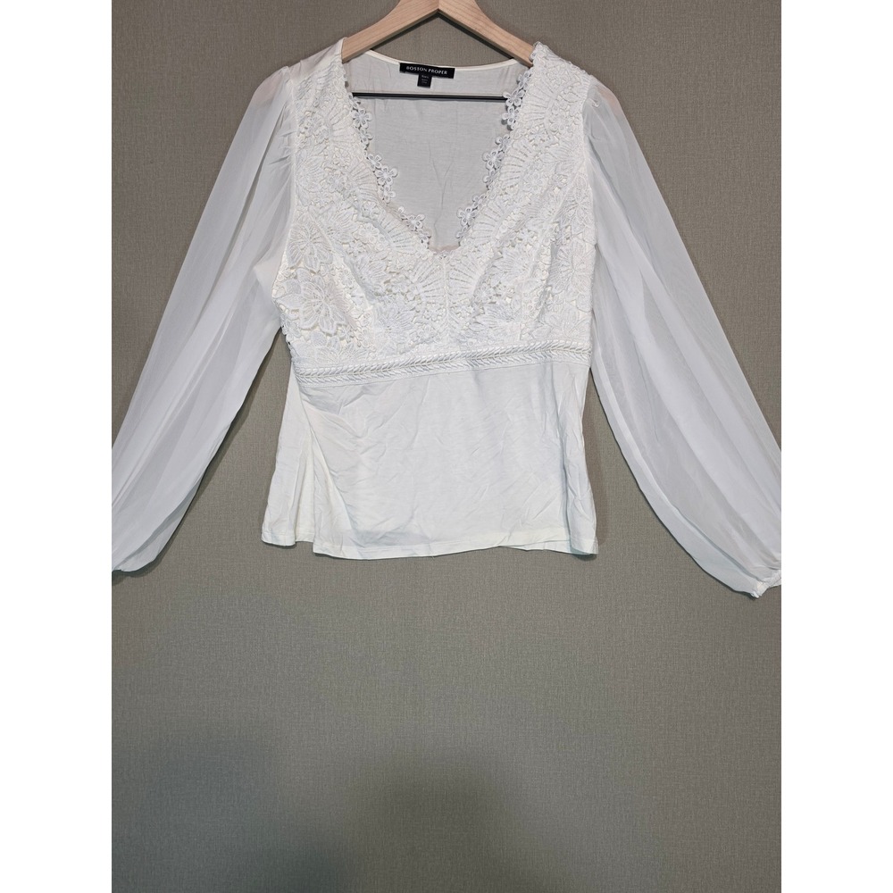 Boston Proper White Lace V-Neck Chiffon Balloon Sleeve Knit Blouse Top Large